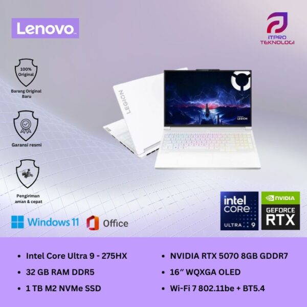 Lenovo Legion 7 16IAX10 (83KY004EID) Glacier White, Intel Core Ultra 9 - 275HX, 32GB, 1TB SSD, RTX5070 8GB, 16″ WQXGA OLED, Win 11 Home + OHM 2024 + M365