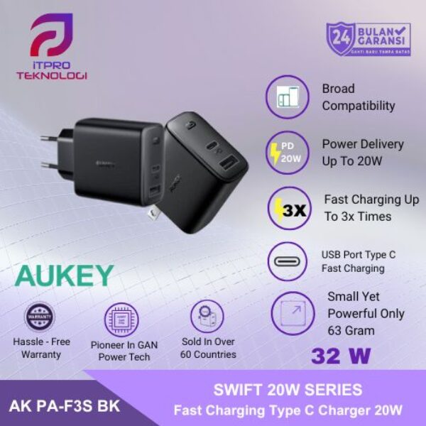 AUKEY Charger Dual Port Type C USB A 32W PD 3.0 Fast Charging PA-F3S