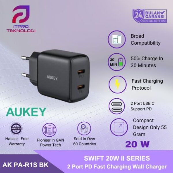 AUKEY Charger Dual Port Type C 20W PA-R1S-BK PD 3.0 Fast Charging