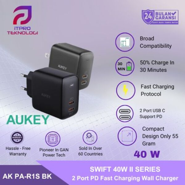 AUKEY Charger Dual Port Type C 40W PA-R2S-BK PD 3.0 Fast Charging