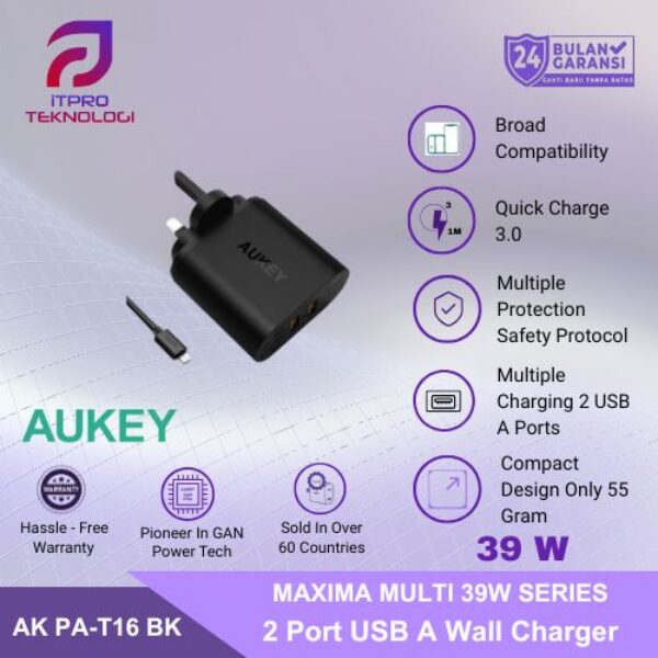 AUKEY Charger Dual Port USB A Quick Charge 3.0 36W PA-T16 Black