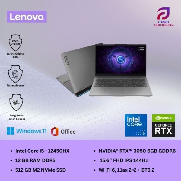Lenovo LOQ (83LK00B7ID) Luna Gray, Intel Core i5 - 12450HX, 12GB, 512GB SSD, RTX3050 6GB, 15.6″ 144Hz, Win 11 Home + OHM 2024 + M365