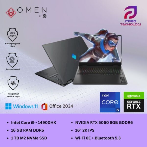 HP Omen (16-am0887TX) Shadow Black, Core i9 - 14900HX, 16GB, 1TB SSD, RTX5060 8GB, 16″ 2K, Win 11 Home + OHM 2024