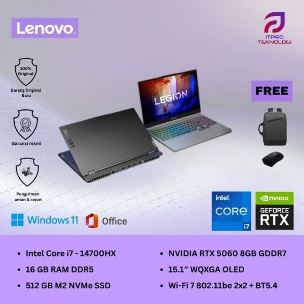 Lenovo Legion 5 15IRX10 (83LY00HKID) Eclipse Black, Intel Core I7 - 14700HX, 16GB, 512GB SSD, RTX5060 8GB, 15.1″WQXGA OLED, Win 11 Home + OHM 2024 + M365