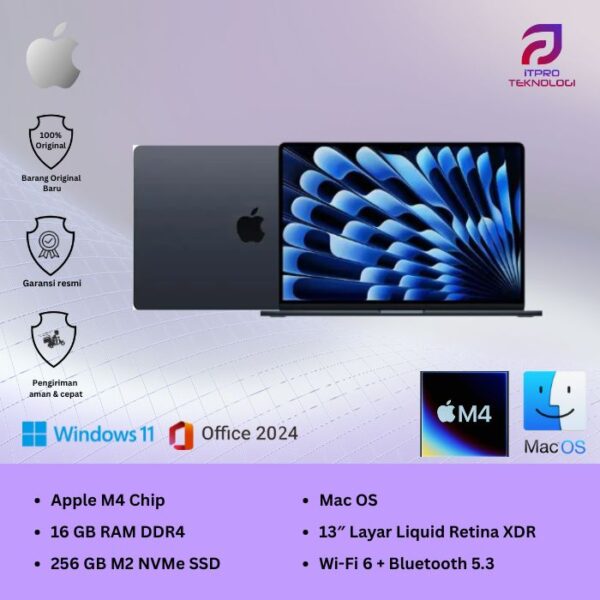 MacBook Air (MW123ID/A) Midnight, 13-inch, Apple M4 chip, 10-core CPU, 8-core GPU, 16GB, 256GB SSD, macOS
