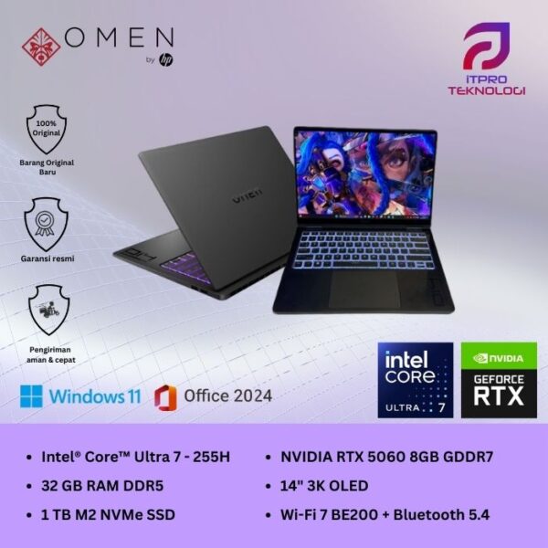 HP Omen Transcend (14 fb1666TX) Shadow black, Ultra 7 - 255H, 32GB, 1TB SSD, RTX5060 8GB, 14″ 3K OLED, Win 11 Home + OHM 2024