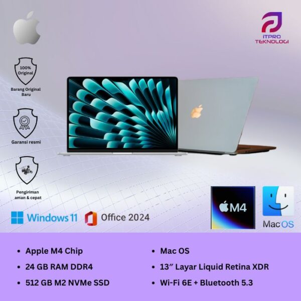 MacBook Air (MC6J4ID/A) Silver, 15-inch, Apple M4 chip, 10-core CPU, 10-core GPU, 24GB, 512GB SSD, macOS