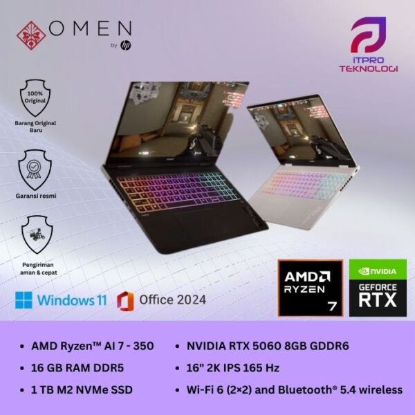 HP Omen 16 (ap0776AX ap0176AX) Ryzen AI 7 - 350, 16GB, 1TB SSD, RTX5060 8GB, 16″2K, Win 11 Home + OHM 2024