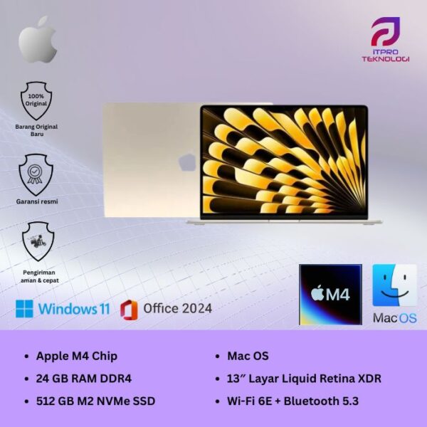 MacBook Air (MC6K4ID/A) Starlight, 15-inch, Apple M4 chip, 10-core CPU, 10-core GPU, 24GB, 512GB SSD, macOS