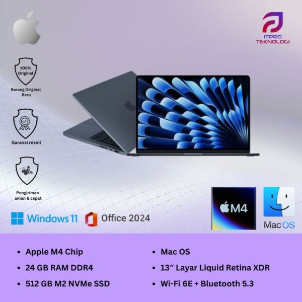 MacBook Air (MC6L4ID/A) Midnight, 15-inch, Apple M4 chip, 10-core CPU, 10-core GPU, 24GB, 512GB SSD, macOS