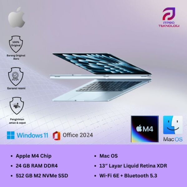 MacBook Air (MC7D4ID/A) Sky Blue, 15-inch, Apple M4 chip, 10-core CPU, 10-core GPU, 24GB, 512GB SSD, macOS