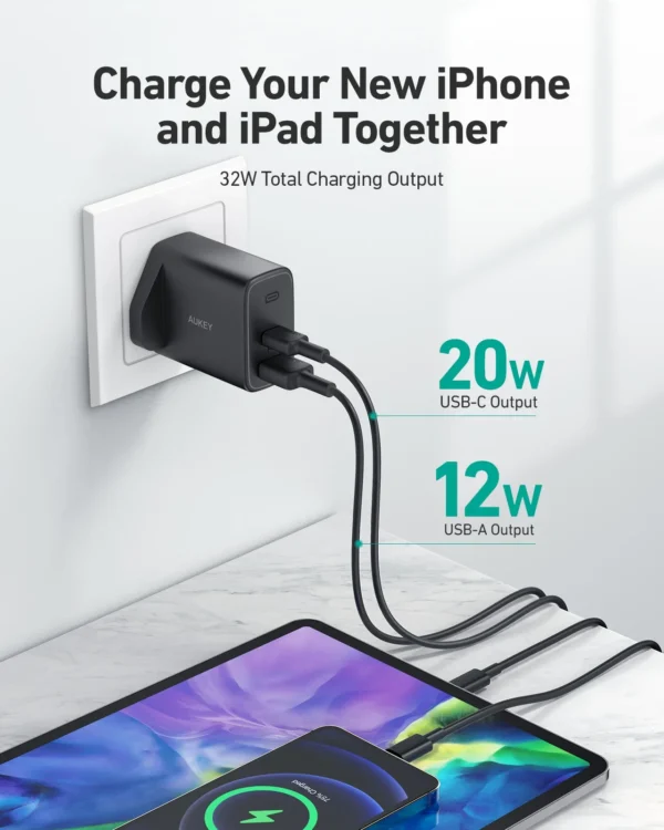 AUKEY Charger Dual Port Type C USB A 32W PD 3.0 Fast Charging PA-F3S - Gambar 4