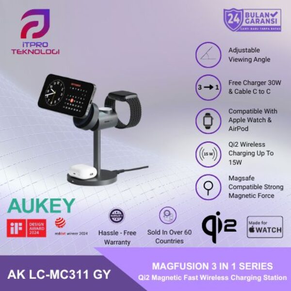 AUKEY Magnetic Wireless Charger 15W 3 In 1 MFI With Port Type C AK LC-MC311 GY (Grey)