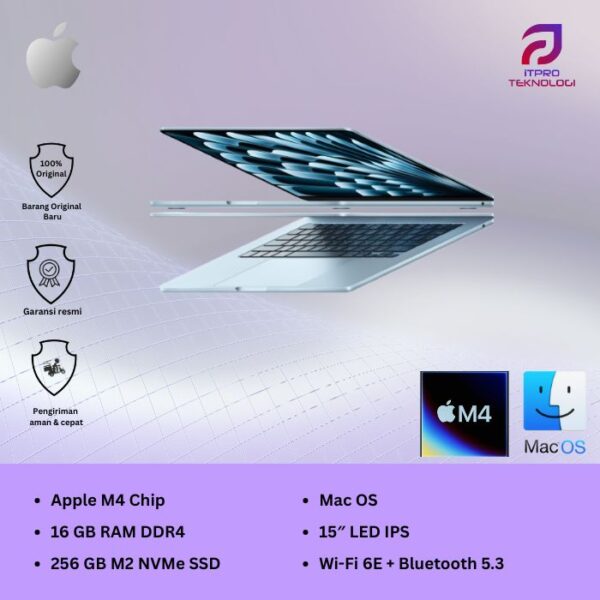 MacBook Air (MC7C4ID/A) Sky Blue, 15-inch, Apple M4 chip, 10-core CPU, 10-core GPU, 16GB, 512GB SSD, macOS