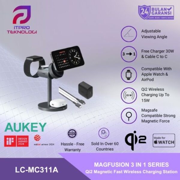 AUKEY Magnetic Wireless Charger 15W 3 In 1 MFI With Port Type C LC-MC311A (Black)