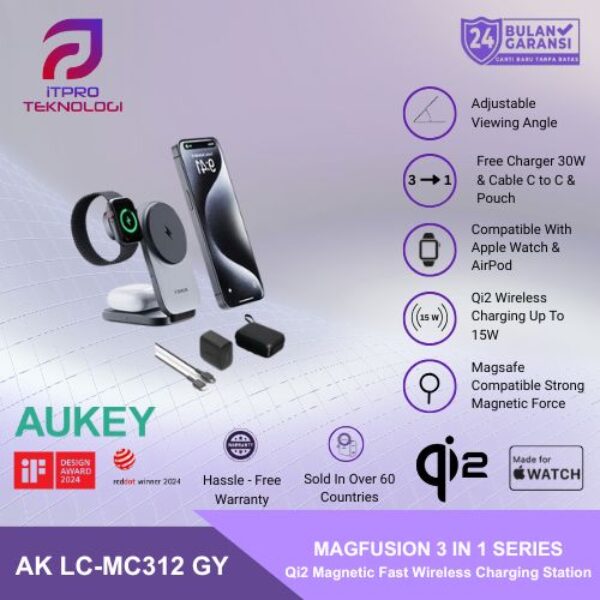 AUKEY Magnetic Wireless Charger 15W 3 In 1 MFI With Port Type C LC-MC312