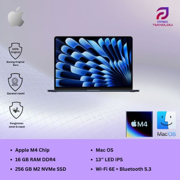 MacBook Air (MW1M3ID/A) Midnight, 15-inch, Apple M4 chip, 10-core CPU, 10-core GPU, 16GB, 512GB SSD, macOS