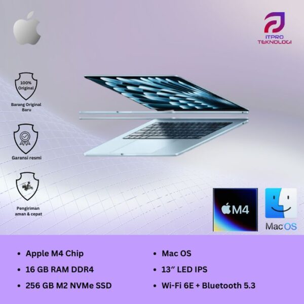 MacBook Air (MC7A4ID/A) Sky Blue, 15-inch, Apple M4 chip, 10-core CPU, 10-core GPU, 16GB, 256GB SSD, macOS