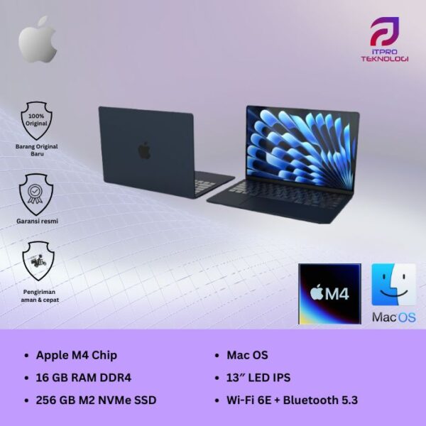 MacBook Air (MW1L3ID/A) Midnight, 15-inch, Apple M4 chip, 10-core CPU, 10-core GPU, 16GB, 256GB SSD, macOS