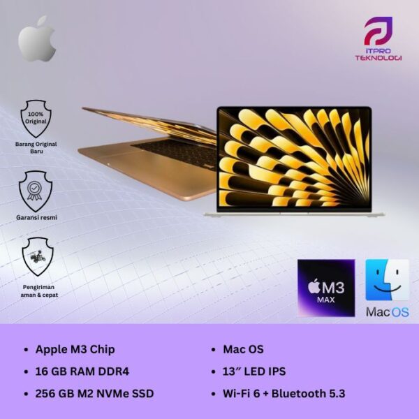 MacBook Air (MC9F4ID/A) Starlight, 15-inch, Apple M3 chip, 8-core CPU, 10-core GPU, 16GB, 256GB SSD, macOS