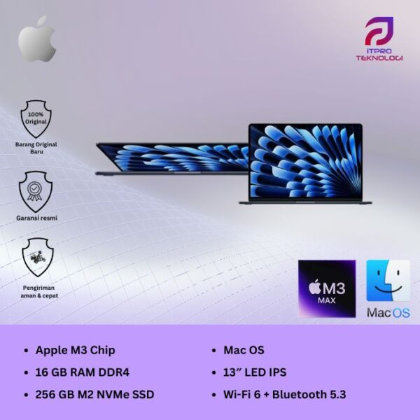 MacBook Air (MC9G4ID/A) Midnight, 15-inch, Apple M3 chip, 8-core CPU, 10-core GPU, 16GB, 256GB SSD, macOS
