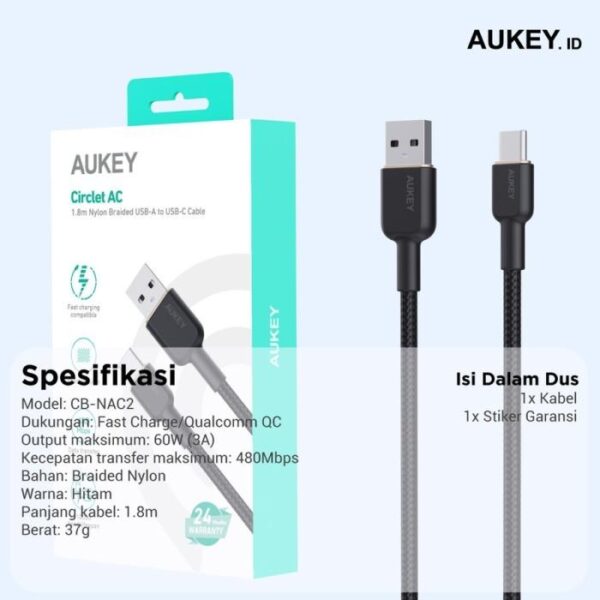 AUKEY Kabel Charger Type-C CB-NAC2 Braided Nylon USB-A to USB-C 1.8M - Gambar 5