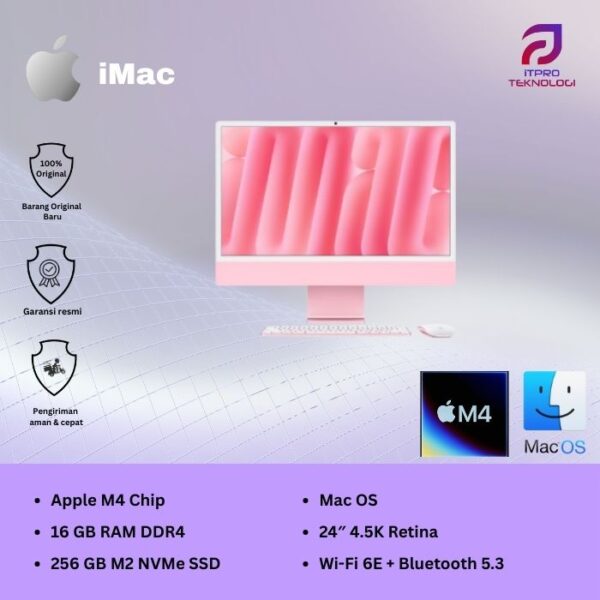 iMac (MWUE3ID/A) Pink, 24-inch with Retina 4.5K display, M4, 8-core CPU, 8-core GPU, 16GB, 256GB SSD