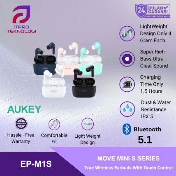 AUKEY TWS Bluetooth True Wireless Earphone IPX5 4G Earbuds EP-M1S