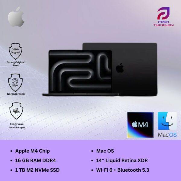 MacBook Air (MW2V3ID/A) Space Black, 14-inch, Apple M4 chip, 10-core CPU, 10-core GPU, 16GB, 1 TB SSD, macOS