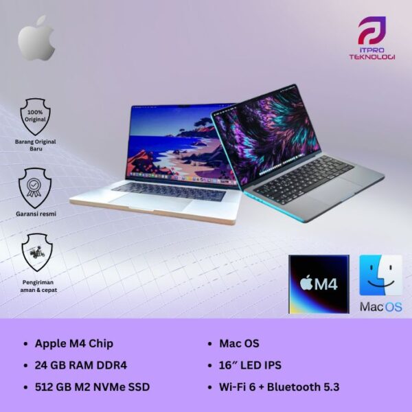 MacBook Air PRO 16 (MX2T3ID/A | MX2X3ID/A), 16-inch, Apple M4 chip, 14-core CPU, 20-core GPU, 24GB, 512 GB SSD, macOS