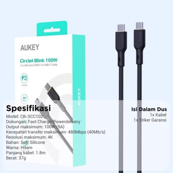AUKEY Kabel Charger Type C To C CB-SCC102 Black Silicone 1.8M 5A - Gambar 7
