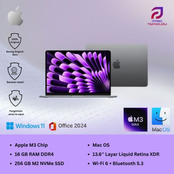 MacBook Air M3 (MC8M4ID/A) Space Grey, 13 Inch, 8 core CPU, 8-10 core GPU, 16GB, 256GB SSD, 13.6″ IPS, MacOS