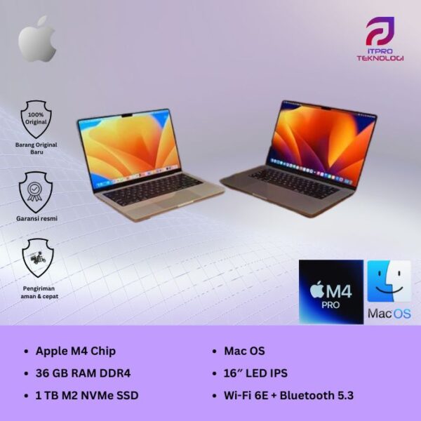 MacBook Air PRO 16 (MX2V3ID/A | MX303ID/A), 16-inch, Apple M4 chip, 14-core CPU, 32-core GPU, 36GB, 1TB SSD, macOS