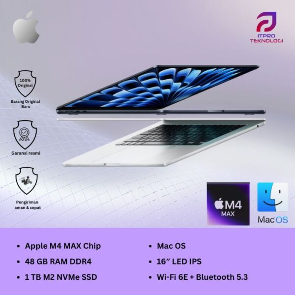 MacBook Air PRO MAX16 (MX2W3ID/A | MX313ID/A), 16-inch, Apple M4 chip, 16-core CPU, 40-core GPU, 48GB, 1TB SSD, macOS