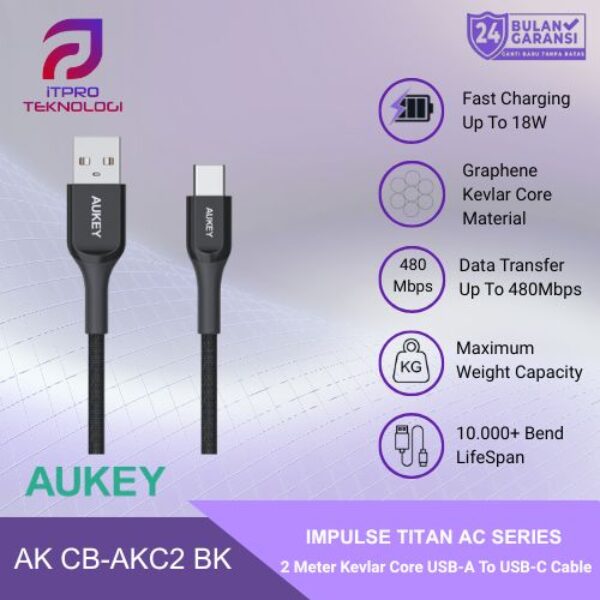 AUKEY Kabel Charger USB-A to USB-C CB-AKC2 Kevlar Core 2M