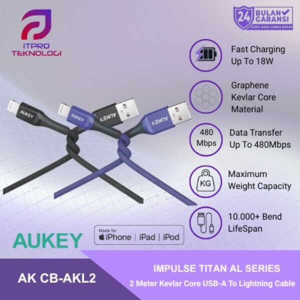 AUKEY Kabel Charger USB-A to Lightning MFI CB-AKL2 Kevlar Core 2M