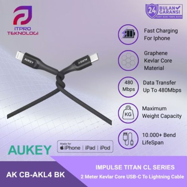 AUKEY Kabel Charger USB-C to Lightning MFI CB-AKL4 Kevlar Core 2M
