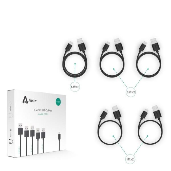 AUKEY Kabel Charger (5pcs) USB A To Micro PVC CB-D5 Black 3A - Gambar 8