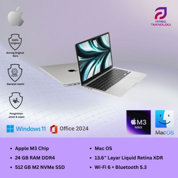 MacBook Air M3 (MC8N4ID/A) Silver, 13 Inch, 8 core CPU, 10 core GPU, 24GB, 512GB SSD, 13.6″ IPS, MacOS