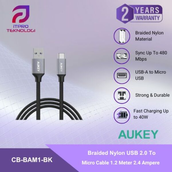 AUKEY Kabel Charger USB A To Micro Braided Nylon CB-BAM 1.2 Meter