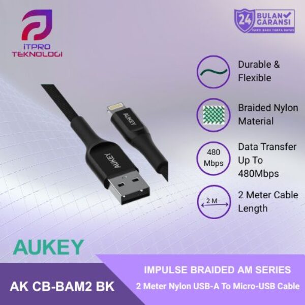 AUKEY Kabel Charger USB A To Micro Braided Nylon CB-BAM2 Black