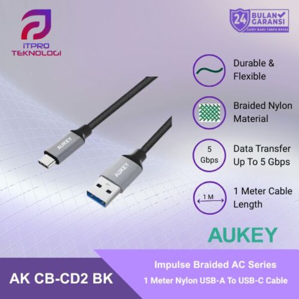 AUKEY Kabel Charger USB A To C Fast Charging Braided Nylon CB-CD2 - 1 Meter
