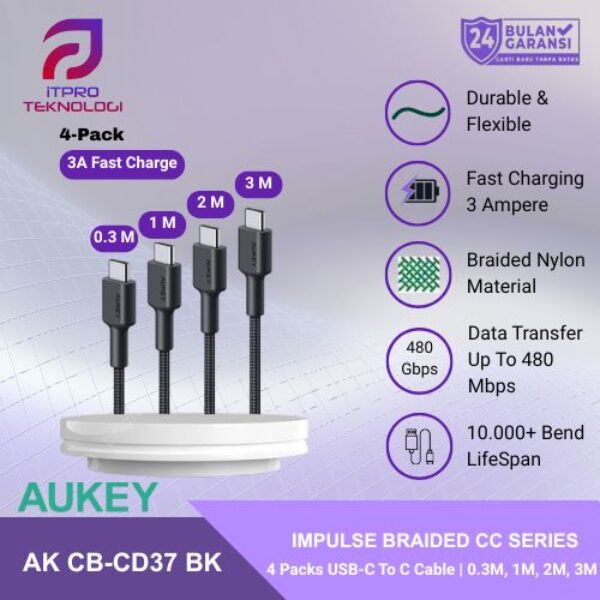 AUKEY Kabel Charger (4pcs) USB-C To USB-C Braided Nylon 3A CB-CD37