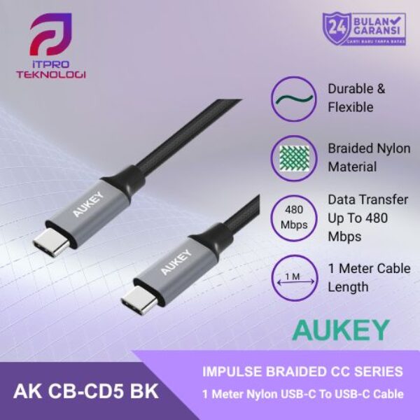 AUKEY Kabel Charger USB C to USB-C 3A Fast Charging Braided Nylon 1M CB-CD5