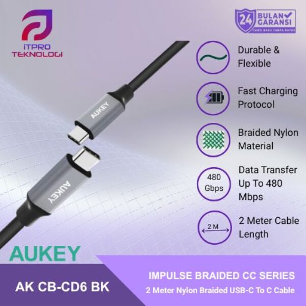 AUKEY Kabel Charger USB C to USB-C CB-CD6 Braided Nylon 2M