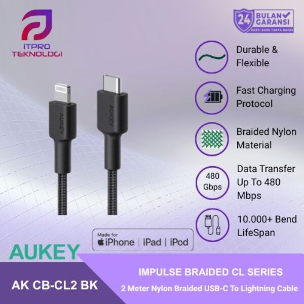 AUKEY Kabel Charger USB-C to Lightning MFI CB-CL2 Braided Nylon 2M