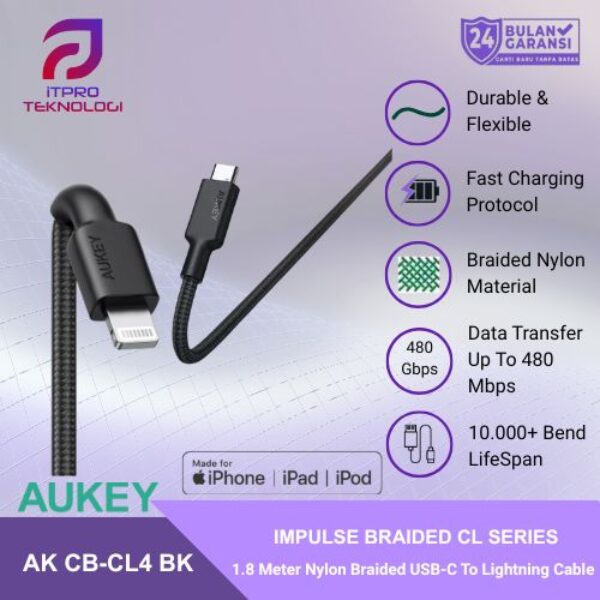 AUKEY Kabel Charger USB-C to Lightning MFI CB-CL4 Braided Nylon 1.8M
