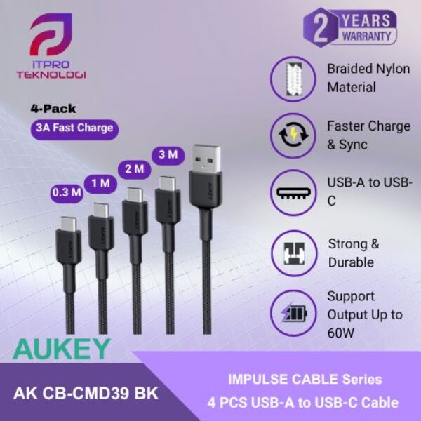 Aukey CB-CMD39 Kabel Charger Type A to C 0.3m+1m+2m+3m