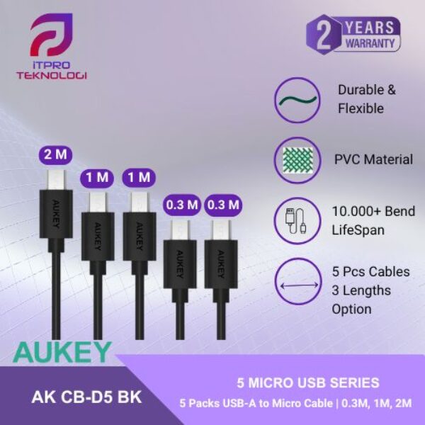 AUKEY Kabel Charger (5pcs) USB A To Micro PVC CB-D5 Black 3A