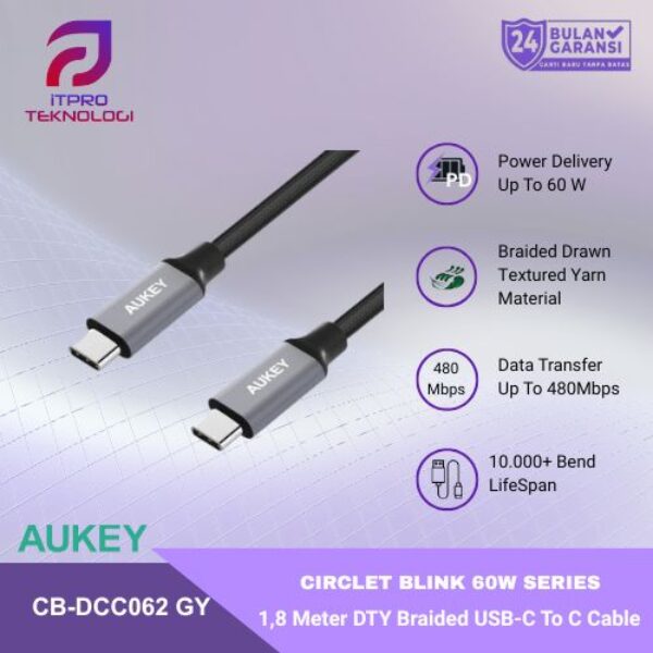AUKEY Kabel Charger DTY Braided USB C To C Fast Charging Up To 60W 1.8 Meter CB-DCC062 - 1.8 Meter